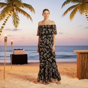 Donna Morgan Stunning On/Off Shoulder Floral Chiffon Maxi Dress - Size 16